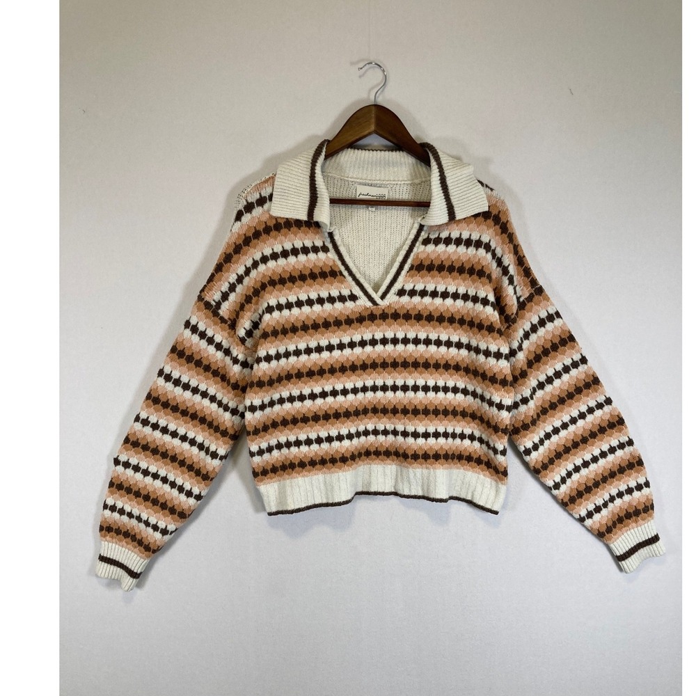 Retro Boho Freshman 1996 Womens Large Brown Striped Collared V-Neck Knit Sweater